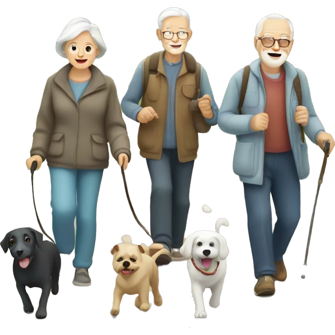 group of elderly people walking their dogs in the countryside emoji