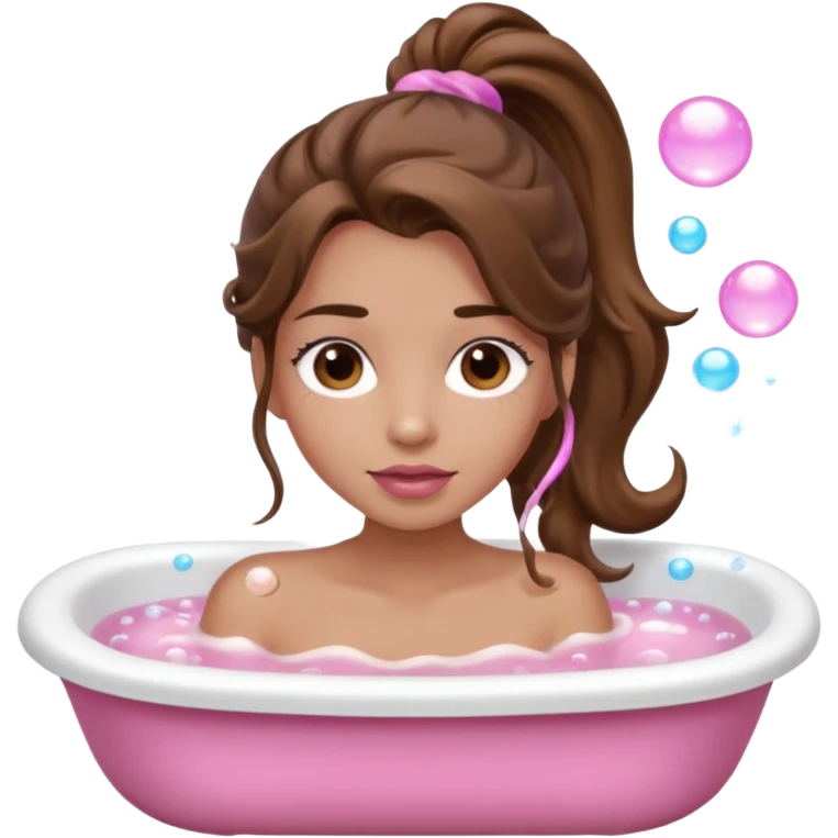 girl with wavy long ponytail brown hair, brown eyes, light to medium complexion, long lashes, light pink lipstick, wearing light pink shirt, in a bathtub with bubbles emoji