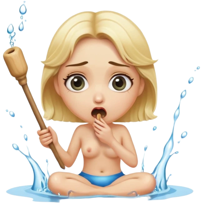 blond woman sitting on her knees with wide eyes, holding a wide skin-colored stick with a D-shaped knob, the stick and the nob have skin texture, water squirting from the knob into her mouth, shocked face emoji