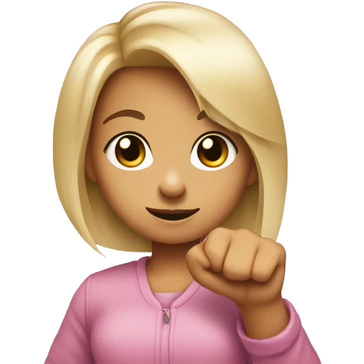 Girl doing a smile-pout and putting up a fist with just her pinky finger up straight  emoji