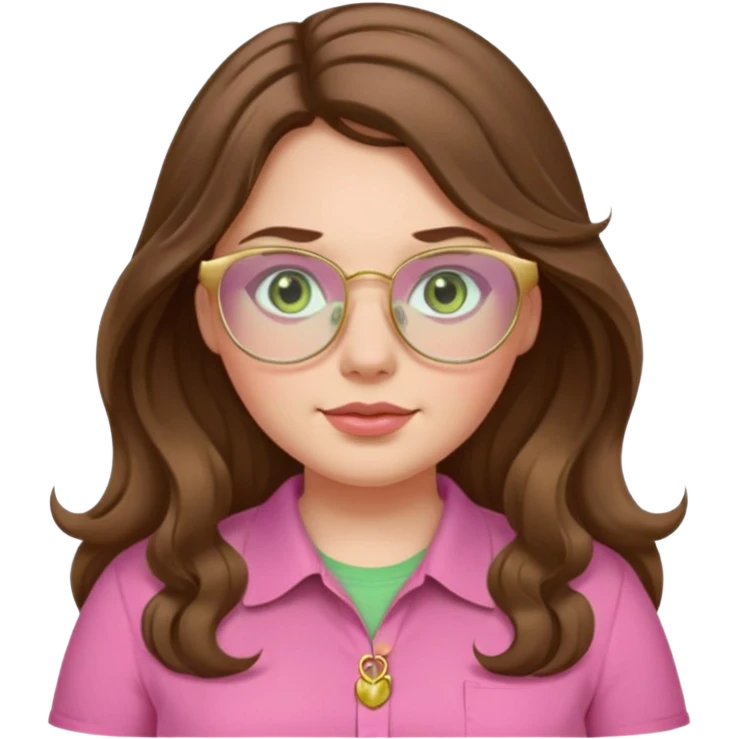 Girl girl long wavy brown hair with middle part, pale green eyes, plus size, pink shirt, gold rimmed glasses emoji