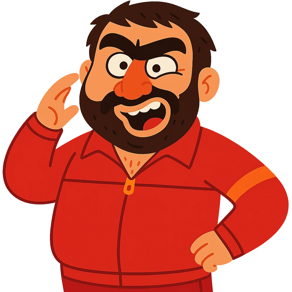 Recep İvedik, Turkish comedy icon, big eyebrows, thick mustache, red tracksuit, making a funny face, vibrant toon style emoji
