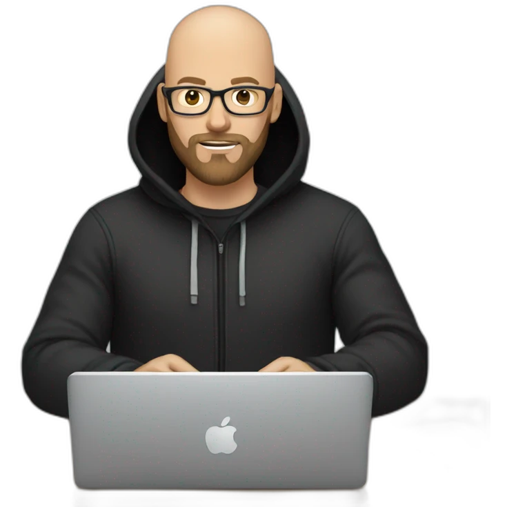 bald white man with glasses and a black beard typing on apple computer wearing a black hoodie emoji