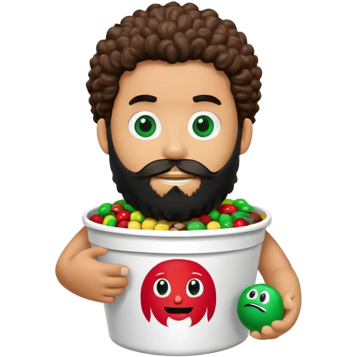 KFC bucket with a green M&M character sitting inside it, the M&M has a black beard, curly hair, and is holding an iPhone emoji