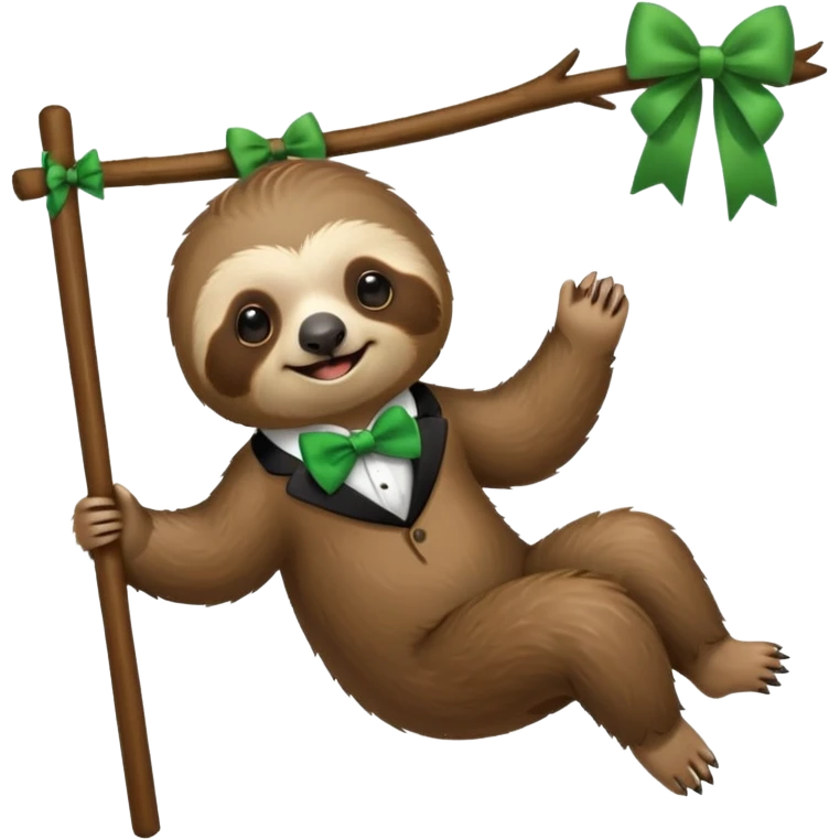 cute swinging Sloth on stick, green bow tie emoji