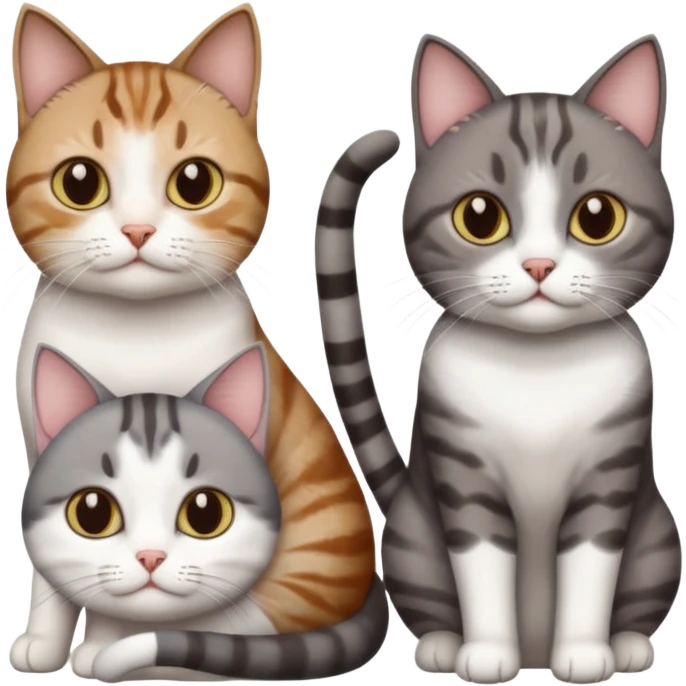 4 different coloured short haired cats including; a dark brown tabby and white cat, and a dark grey and white  emoji