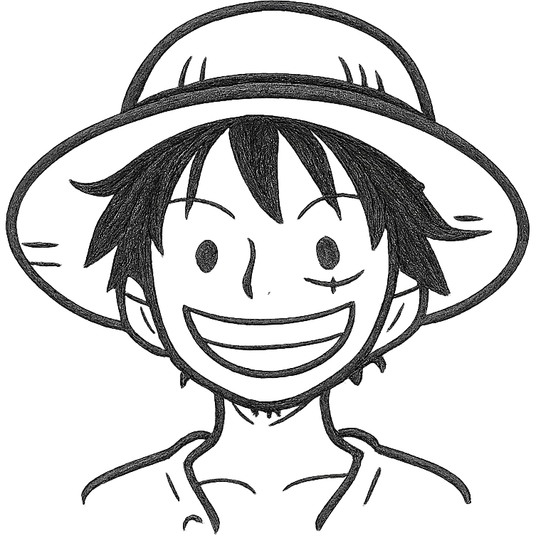 Luffy from One Piece as a hand-drawn outlined icon, sketchy lines, minimal details, focus on straw hat and smile emoji
