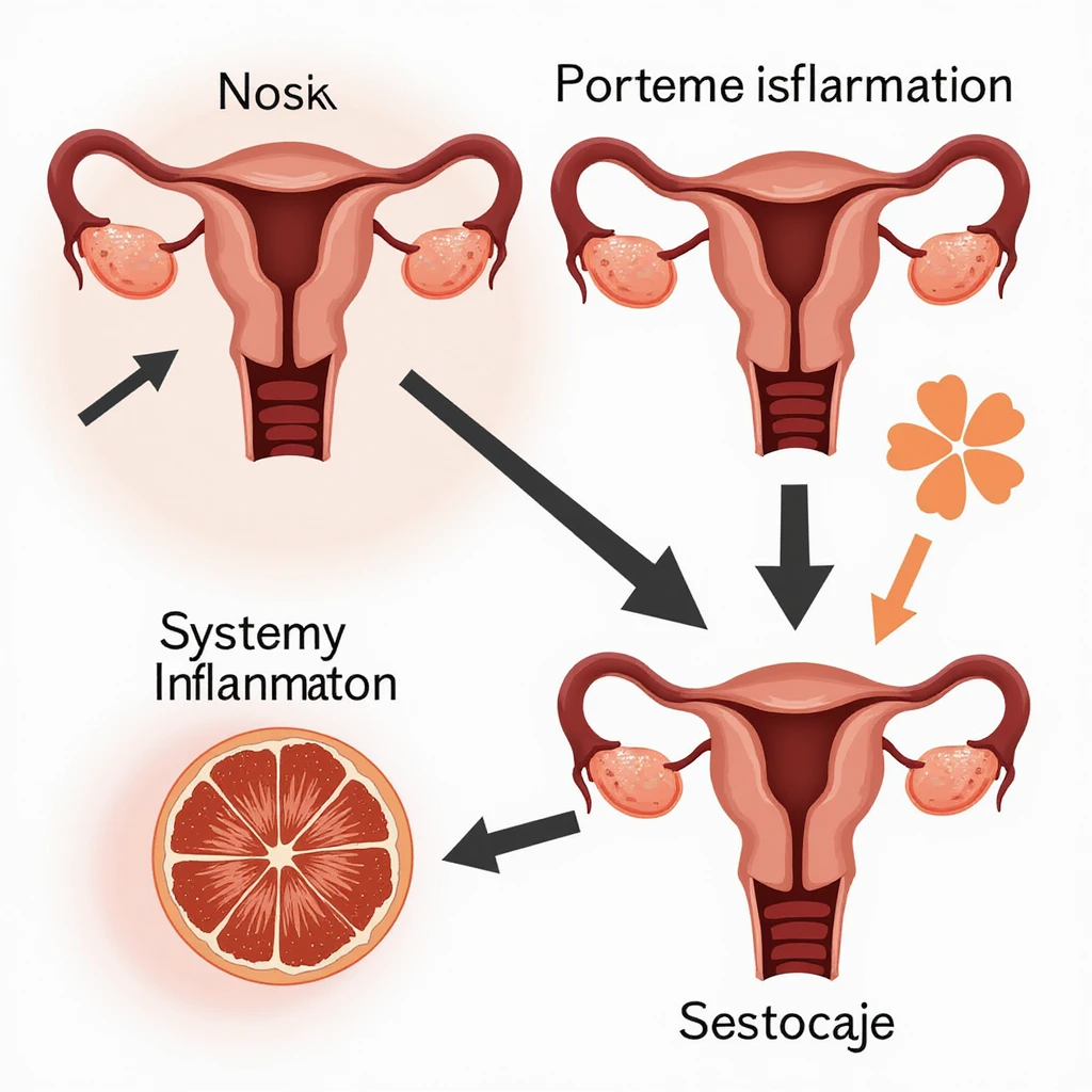 realistic medical diagram showing connection between endometrial inflammation and systemic inflammation, arrows, symbols, warm colors, educational style, white background emoji