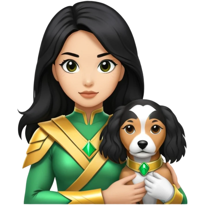 green power ranger wasian woman with long black hair and a cockapoo dog emoji