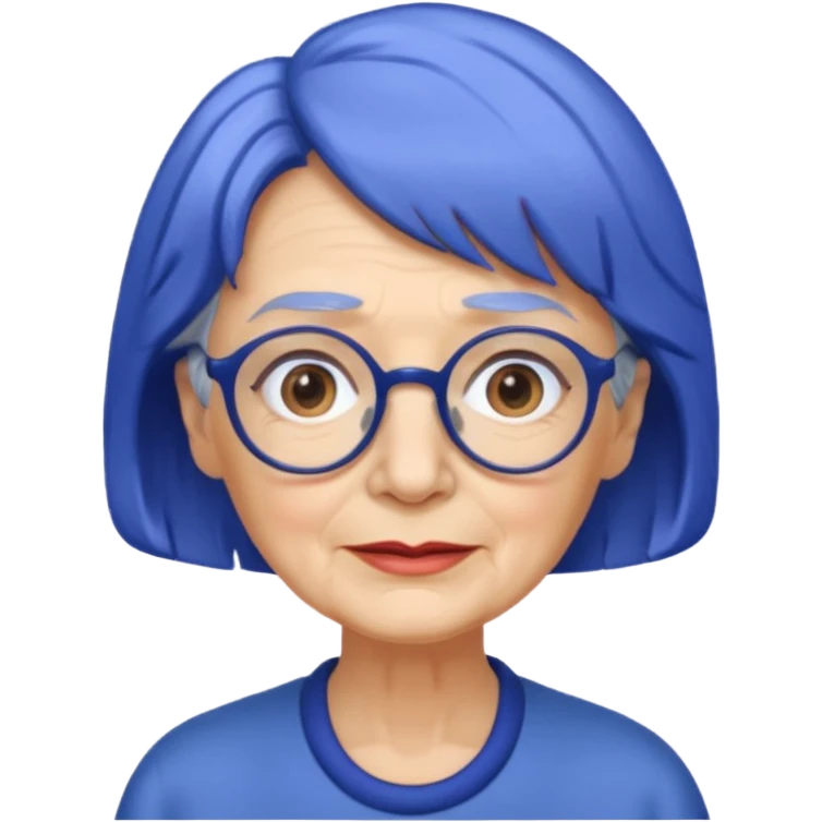 old lady with cobalt hair, wearing glasses, slight curl short hair, long face emoji