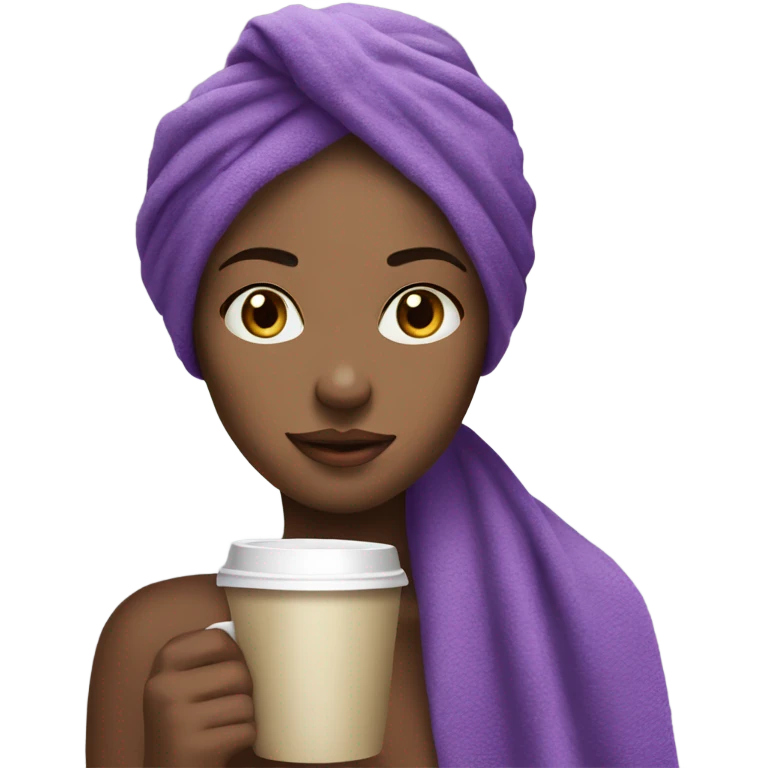 beautiful girl with a purple towel on her head drinks coffee emoji