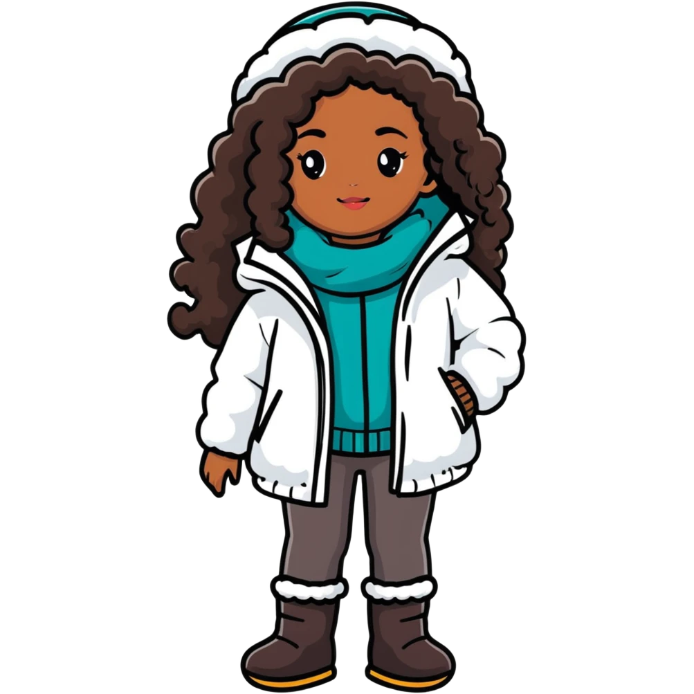 Black girl with long curly brown hair with a winter outfit on  emoji
