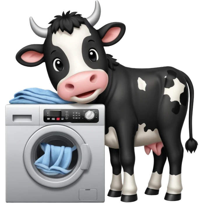 cartoon Friesian cow loading laundry into a washing machine emoji