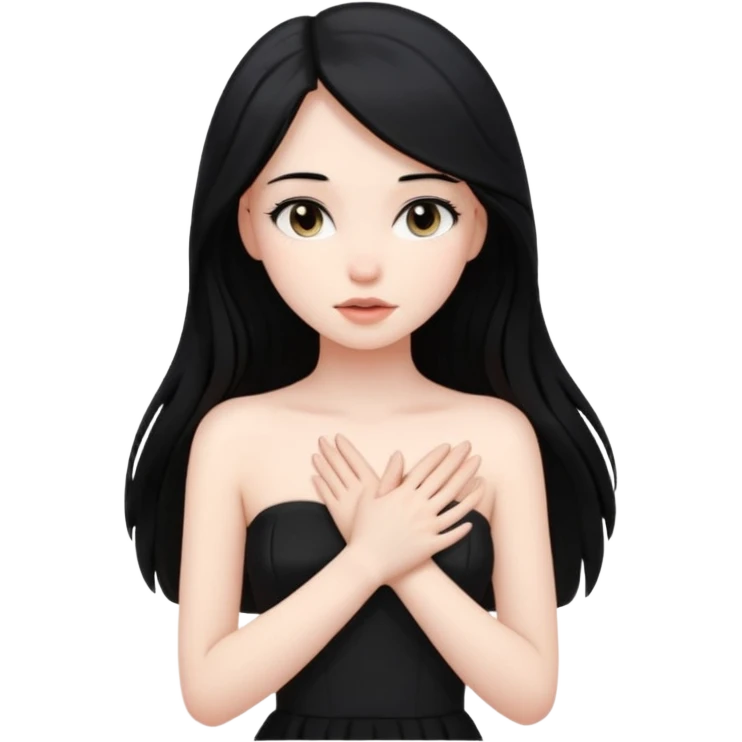 Pale girl with long black hair and black strapless dress with hands over her heart emoji