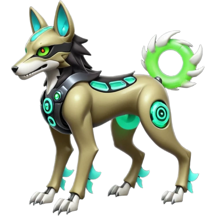 Hyper realistic skeletal black and neon green futuristic shiny colorful mechanical bioluminescent cyber-Cyborg-Poochyena-Lycanroc-Zorua-Litten-Houndoom-Fakémon-Pokémon-Digimon-hybrid-fusion (full body) with a skull face emoji