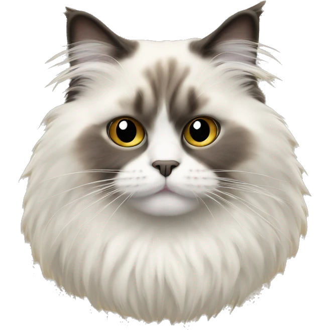 Fluffy ragdoll cat with half a mustache pattern emoji