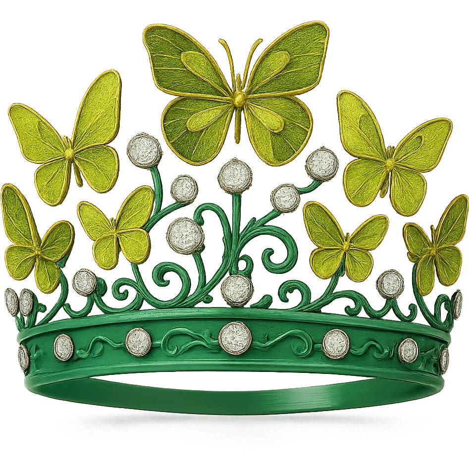 butterfly crown with a jade green base, just a couple of olive and lime green enamel butterflies, sparkling gems emoji