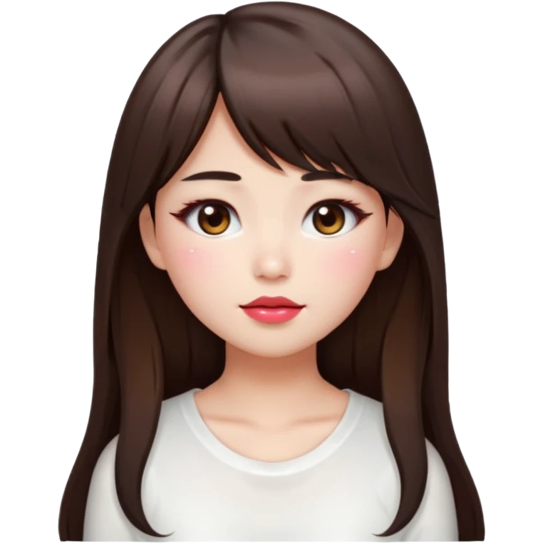 “japanese style Emoji brunette girl long hair with side bangs white top, dewy skin, heavy blush across cheeks and nose bridge, glossy cherry lips, soft eyeliner, teary sparkling eyes emoji