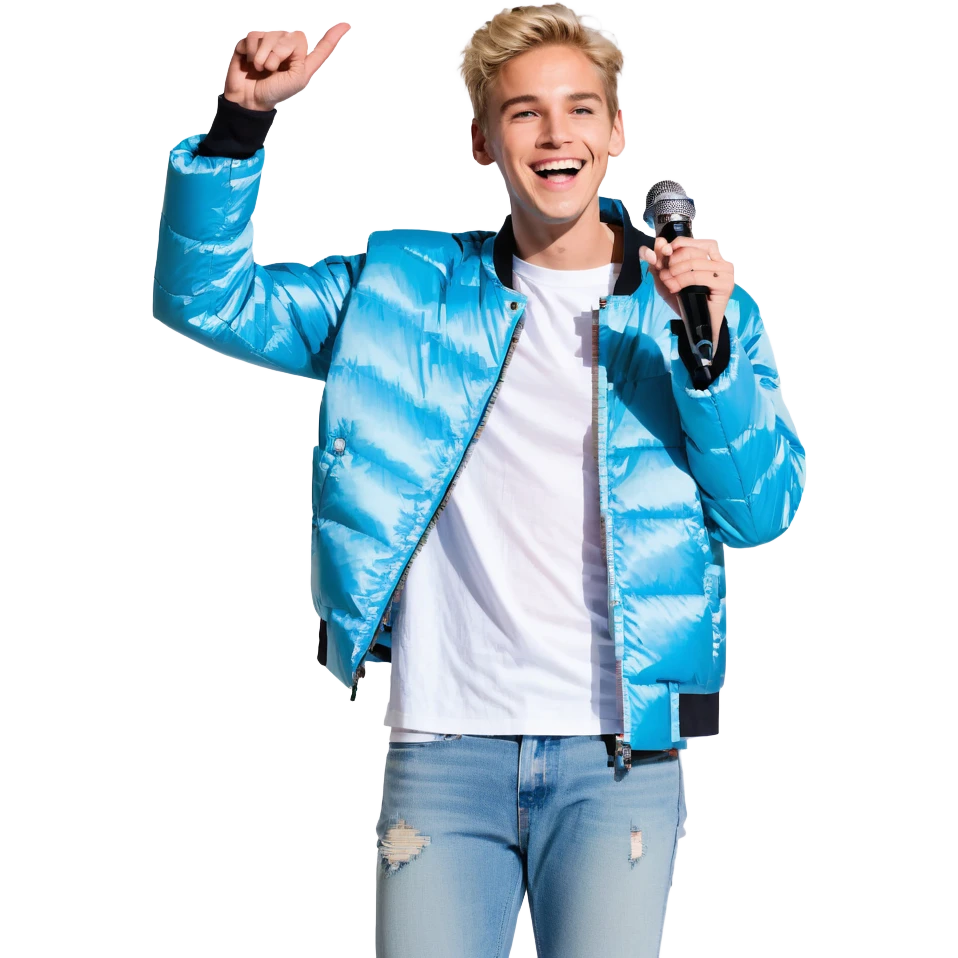 Pixel art style, expressive male performer, Caucasian features, short sandy blonde hair, lively eyes, wide cheerful smile, wearing a sky blue jacket over white tee, tossing a microphone in one hand, waist-up, front-facing emoji