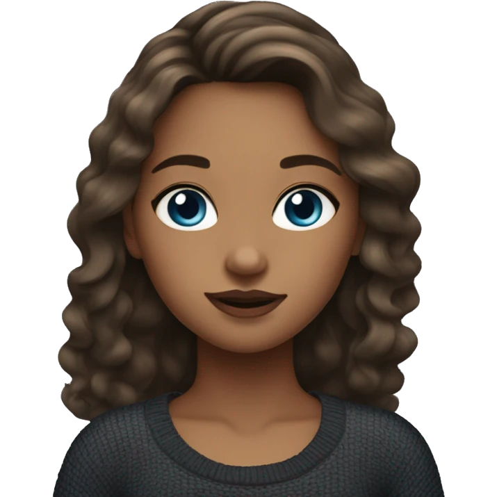 girl with latina makeup, long brown hair with surfer waves, blue eyes, wearing a black sweater. emoji