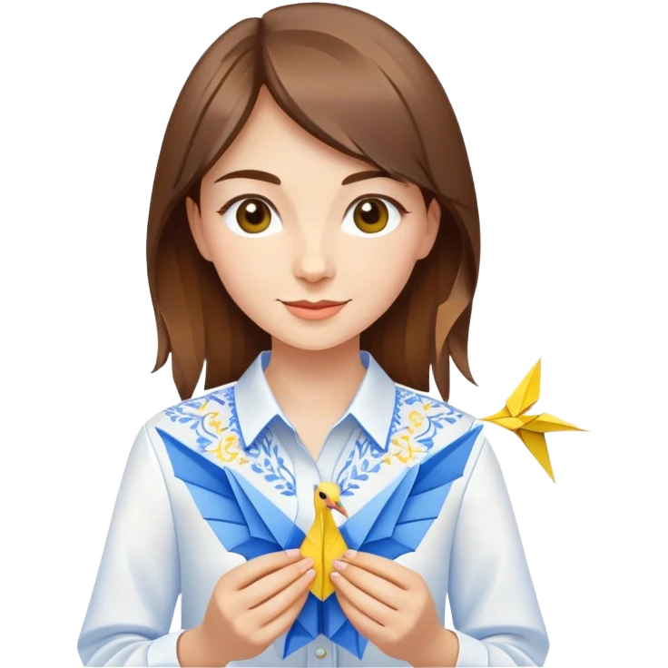 A happy Ukrainian young girl with brown hair in a white embroidered shirt makes an origami of a yellow and blue crane emoji