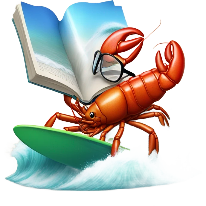 A lobster with glasses, reading fine literature as he is surfing on a surfboard, riding a huge tidal wave  emoji