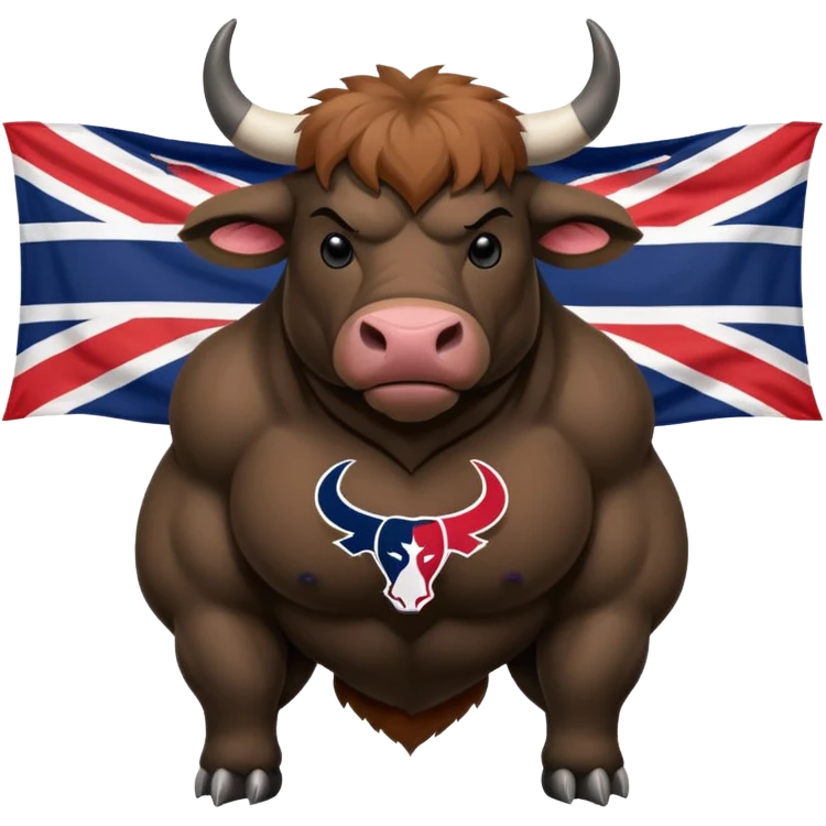 Houston texans black bull, wearing a texans jersey, with a union jack flag behing emoji