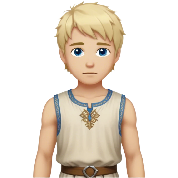 medieval summer outfit worn by a DnD themed fantasy character. basic lightweight sleeveless tunic with a decorative trim along the edges. clothes only above the waist. The clothes full waist. The character's haven't arms. character is blonde hair, blue eyes, short messy hair, white-skinned man. emoji