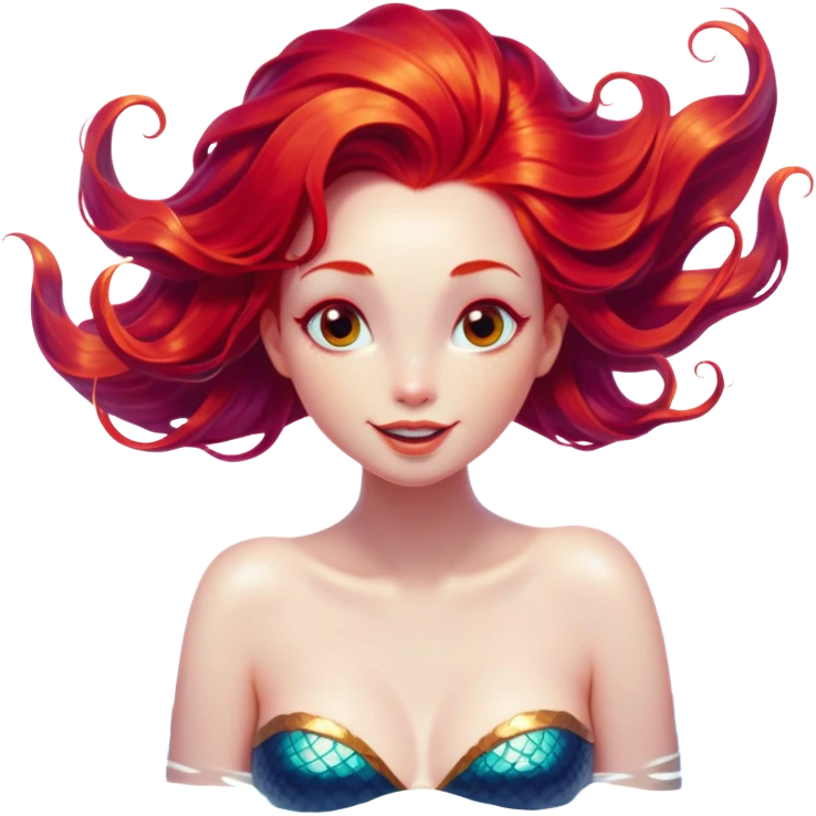 Cinematic Realistic Red Hair Mermaid Portrait, head tilted dramatically with an exaggeratedly amused expression, featuring a striking, vibrant form with meticulously detailed, flowing red hair and luminous porcelain skin. Her expressive eyes burst with playful marine mischief, rendered with dynamic underwater lighting and vibrant textures that convey an air of cheeky oceanic whimsy and over‐the‐top mermaid charm. emoji