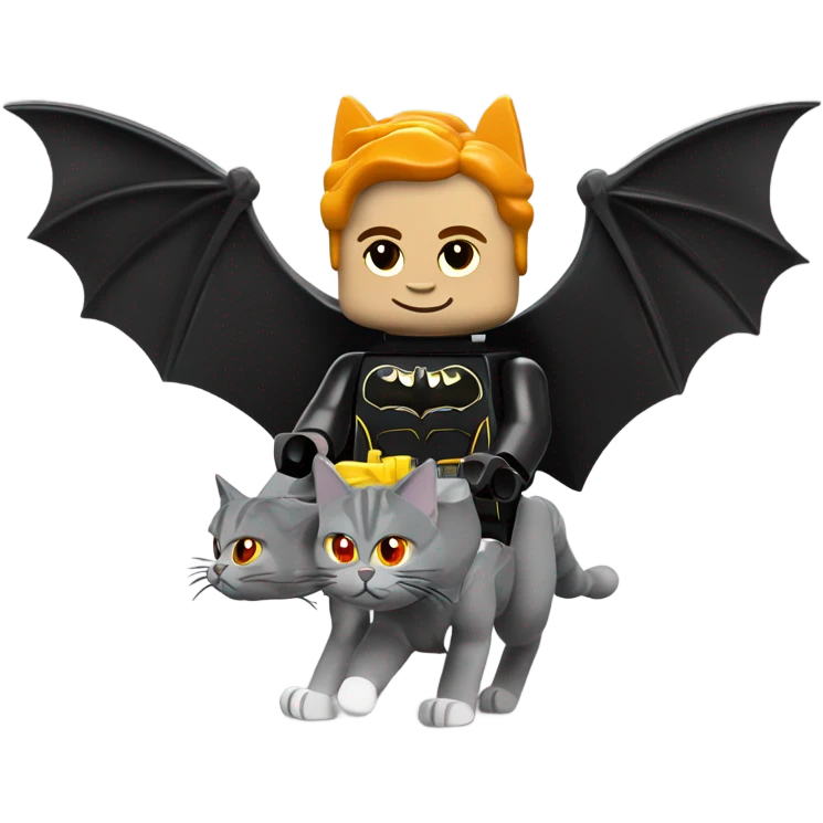 Lego Batman riding a Grey and black tabby kitten with white legs, and wings of fire  emoji