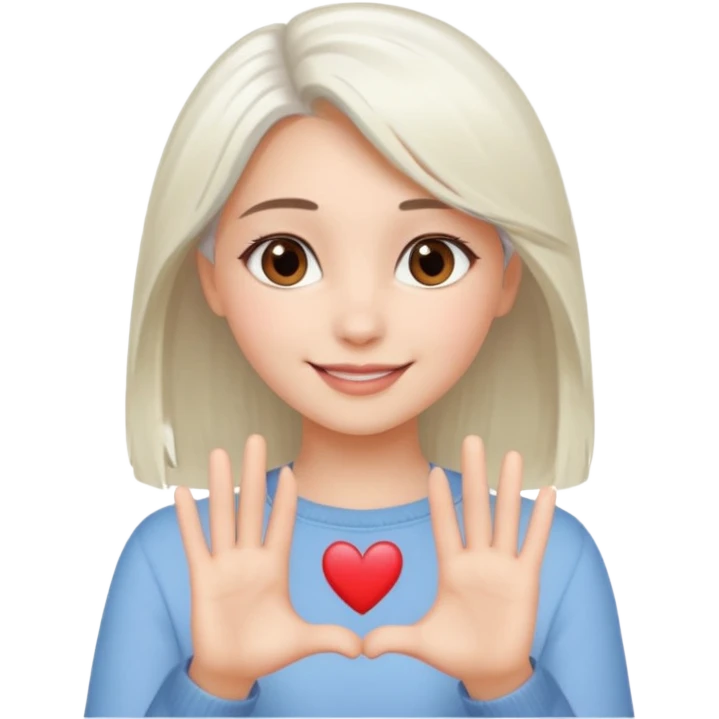 Beautiful girl. Platinum-colored hair just below the shoulders, straight, brown eyes, sweet smile. Hands in the shape of a heart.  emoji
