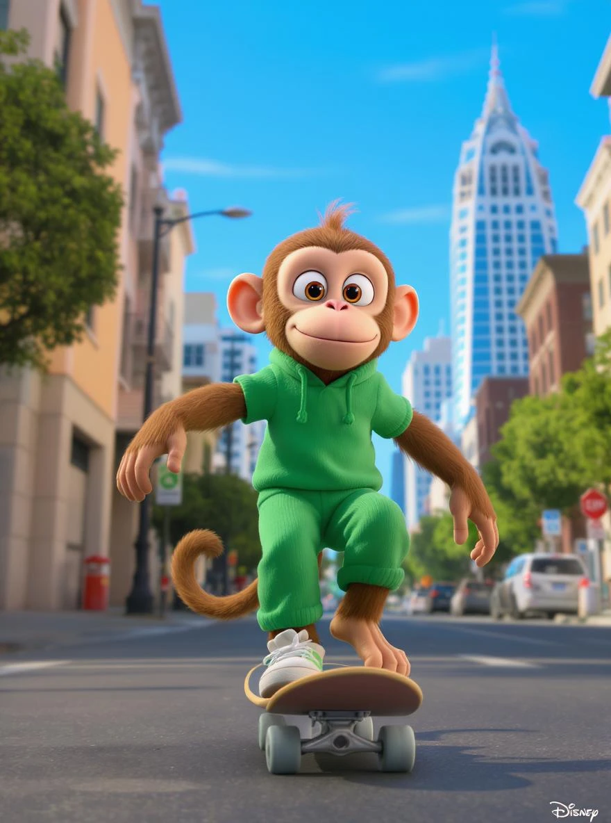 Disney style, Cinematic still scane, Low angle medium shot, monkey dress in green outfit, monkey ride on skateboard, san francisno downtown with city lanscape, blue clean sky, captured by ARRI Alexa XT, soft cinematic lightning, inspired by ToyStory 4 emoji