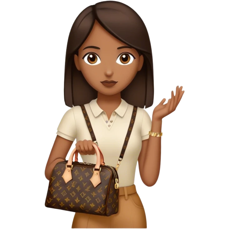  Brown girl with dark brown medium straight hair carrying one Louis Vuitton purse on her arm while standing  emoji