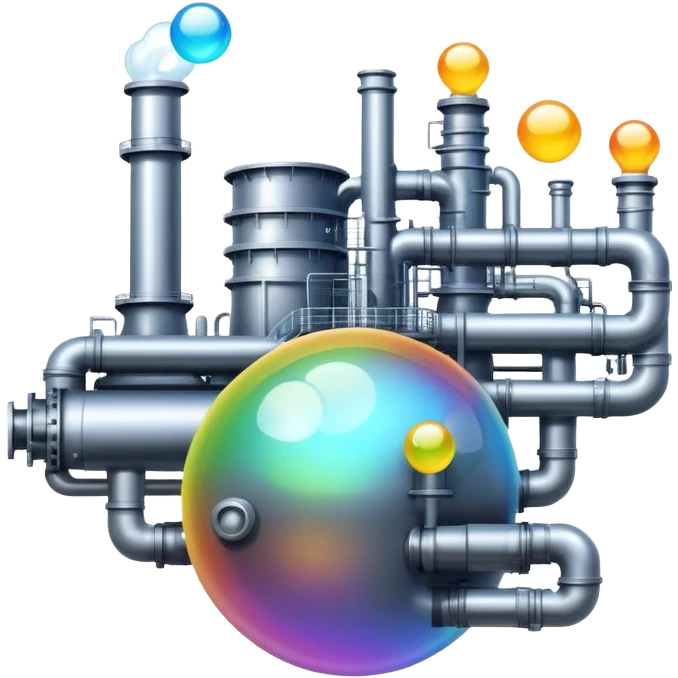 An emoji of a factory, but instead of smoke, creative ideas are coming out as glowing bubbles. emoji