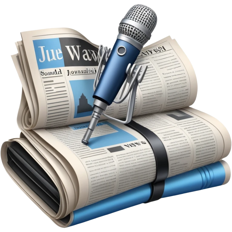 An icon featuring a microphone, a newspaper, and a camera, representing journalism and mass media. The design includes soundwaves and headlines, symbolizing the spread of information and news. Transparent background highlights the power of communication and media. emoji