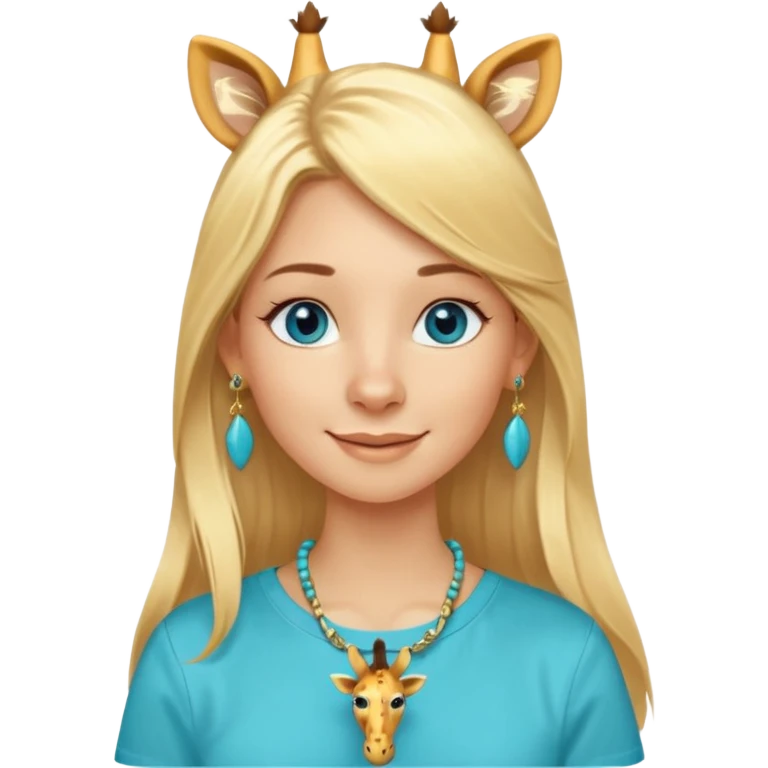 Swedish girl blonde long straigt hair blue eyes turqoise shirt gold earings girrafe necklace gold small long lashes smiling closed mouth emoji