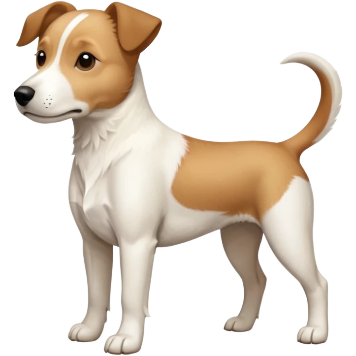 a full body facing front on of a buff white beagle cross jack russell terrier looking dog the size of a kelpie with light brown long ears resting on its face and a light brown patch above one eye and a large snout. the rest of the dog is completely white.  emoji