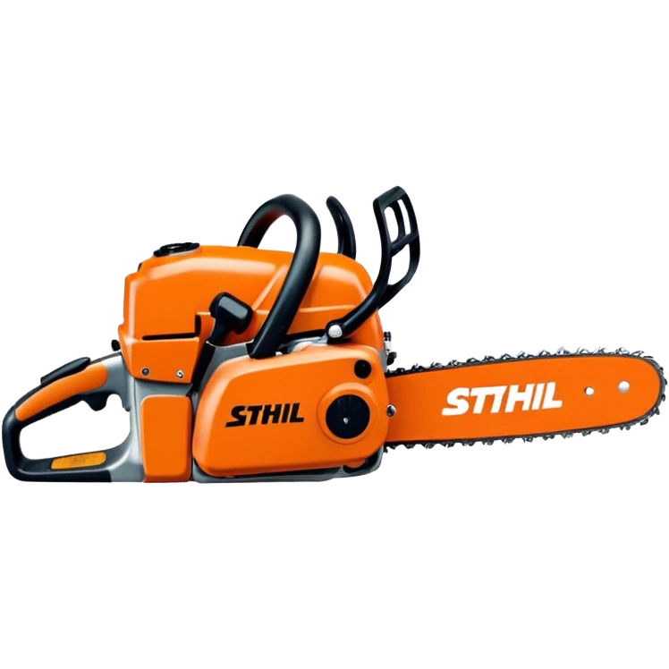 Kettensäge vom STIHL mit grauem Gehäuse, orangenem Deckel und schwarzen Griffen, die Schiene ist Grau mit Kette, seitlich ist das STIHL Logo in weißer Schrift in einem orangenem Kreis platziert emoji
