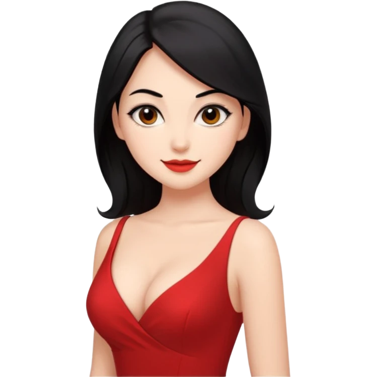 Chica súper joven y delgada pero con pechos grandes y  con delineado con vestido rojo escotado en la espalda y pelo semi largo negro, con sonrisa coqueta emoji