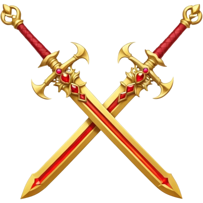 Two crossed swords that are golden in blade and handle and have fiery and royal appearence to them as well as red gem stones yellow in color emoji