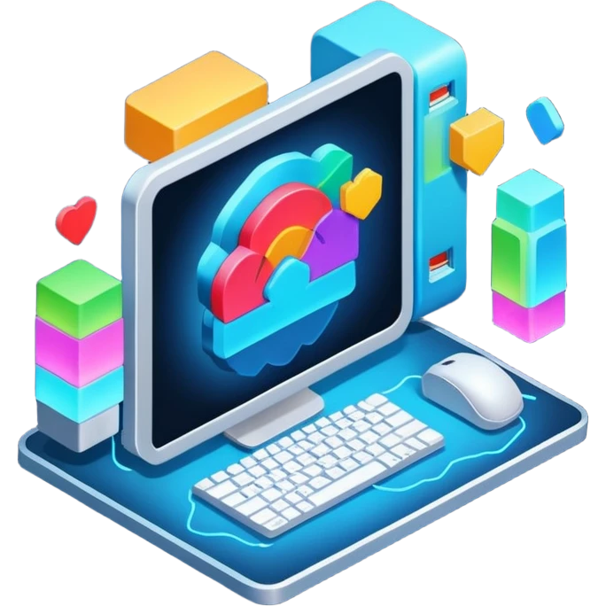 isometric, image of computer systems, processes, data integrating together emoji