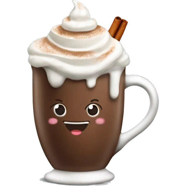 Decorated Christmas mug of hot chocolate with whipped cream and cinnamon emoji