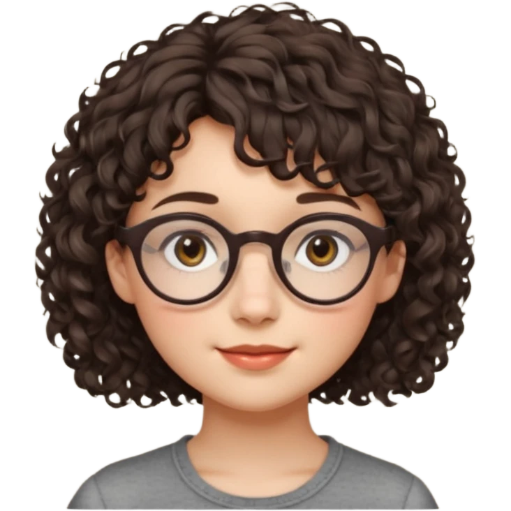 Koyu renk, dağınık kıvırcık saçlı, kısa kahküllü, yuvarlak gözlüklü ve büyük kahverengi gözlü bir genç kadının yüzünü gösteren emoji tarzı illüstrasyon. Hafif bir gülümseme veya tatlı bir sırıtış ifadesi var. Cilt tonu açık. emoji