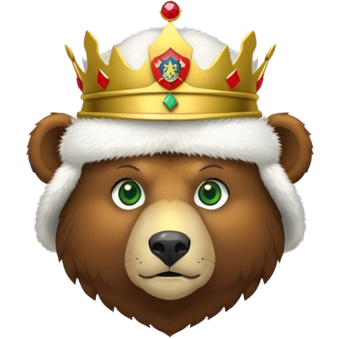 Brown bear head only with green eyes, white furry ushanka hat with accurate Russian Federation emblem featuring golden eagle, three crowns, scepter, orb, and red shield with St. George, iOS emoji style emoji