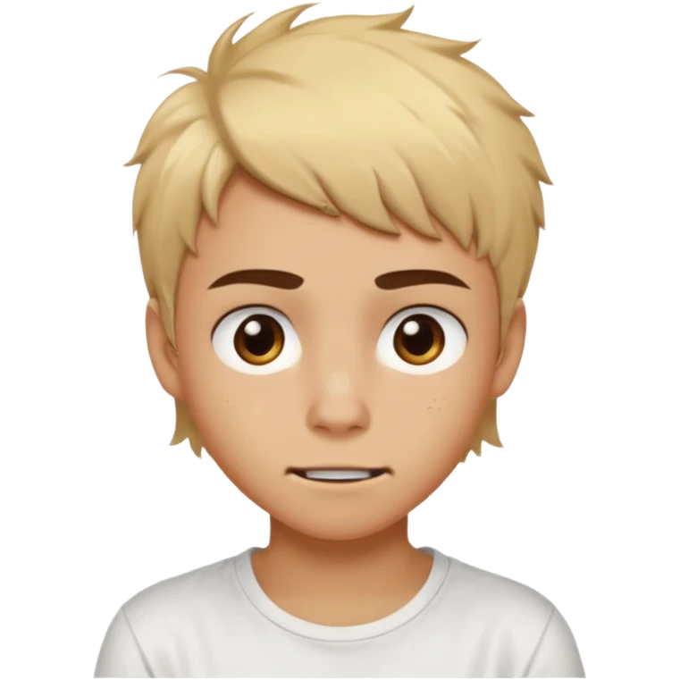 caramel skin color. Teen age. Short buzz, messy blonde hair, dark brown bushy eyebrows large expressive golden-brown eyes, brown skin color, scar over nose, wearing a plain white t-shirt. Awkward smirk with visible teeth. emoji