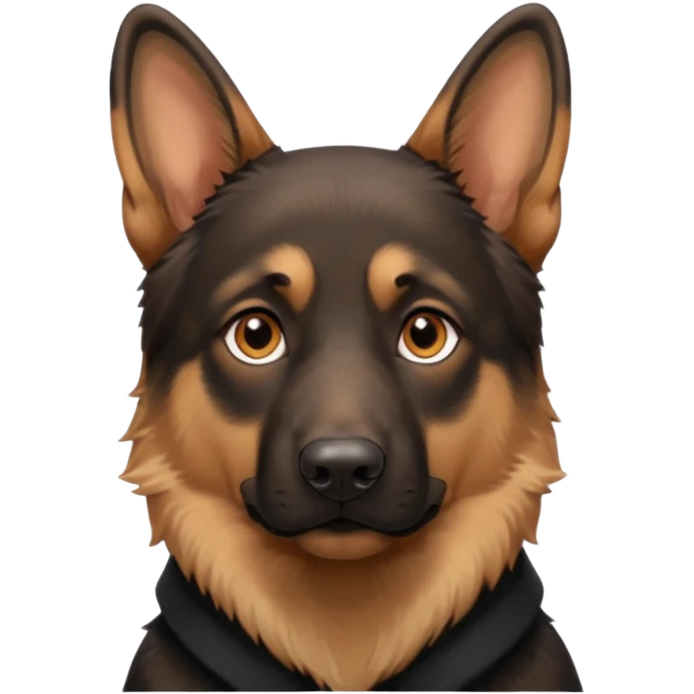 A close-up portrait of a German Shepherd with intense brown eyes and alert ears, against a blurred natural background. High realism, shallow depth of field. emoji