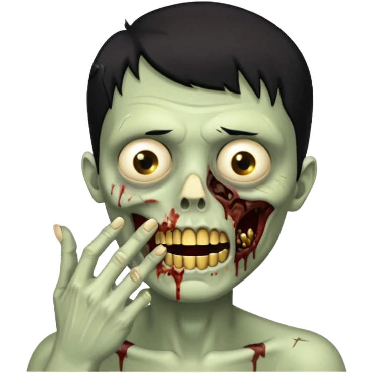 faça um homem zumbi, de cabelo baixo mostrando o dente de ouro, com a mão na boca emoji