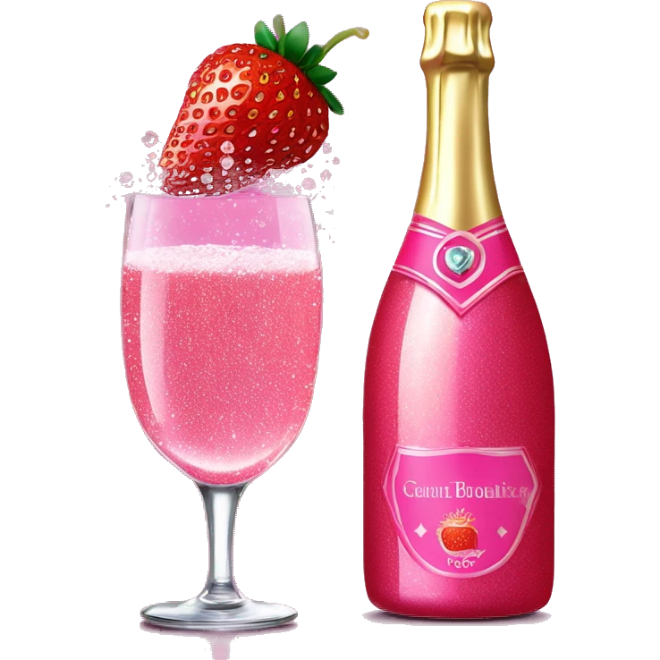 Realistic sparkling diamond glam hot pink champagne bottle with hot pink champagne in glass with strawberry ì> emoji