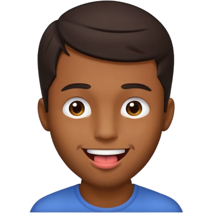 A brown skin guy with dark hair that is his covering forehead, his head is tilted back a bit and his tongue is out emoji