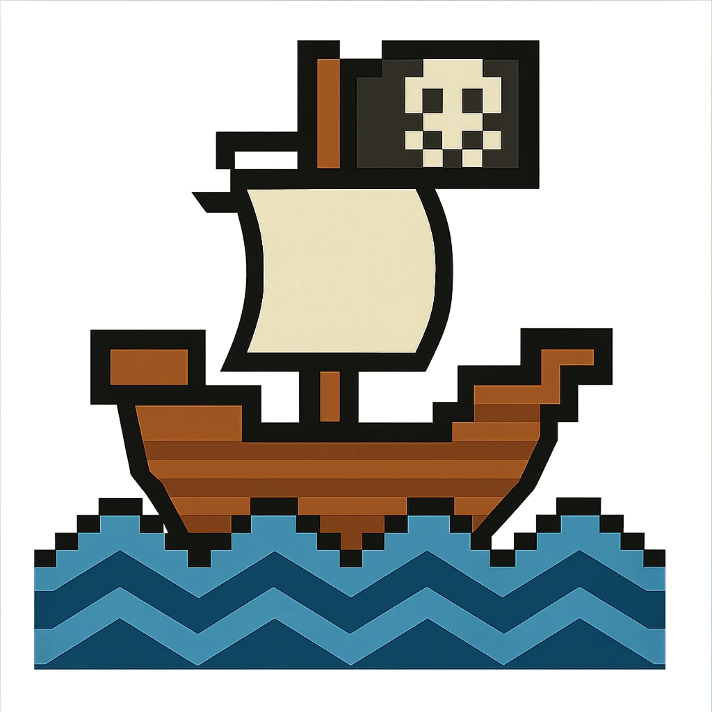 A simple pirate ship sailing on geometric waves with skull and crossbones flag emoji